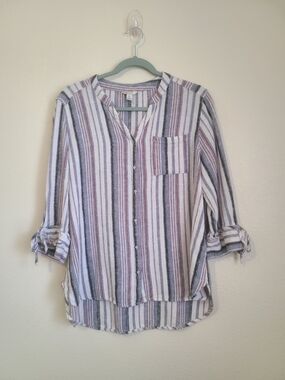 EST.1948 Striped Roll-Sleeve Button-Down Shirt  Size Xl 55%linen 45%rayon